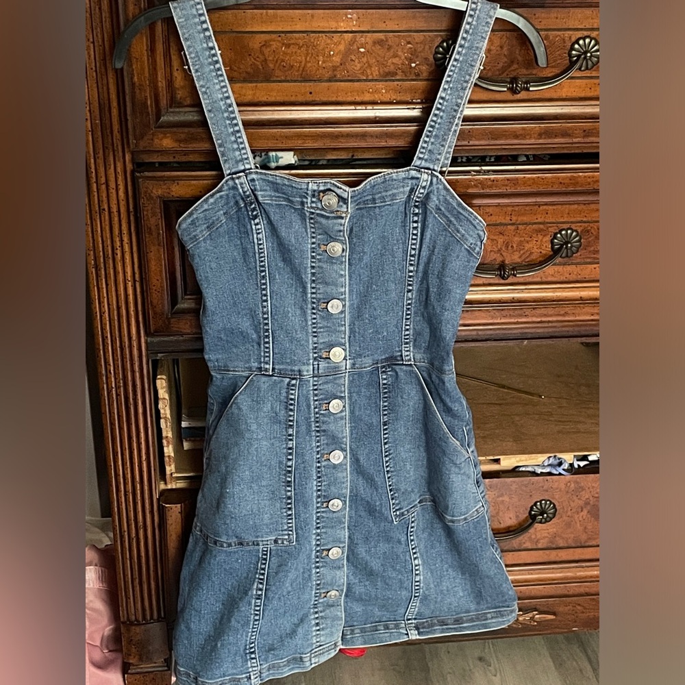 jean overall dress with buttons and pockets